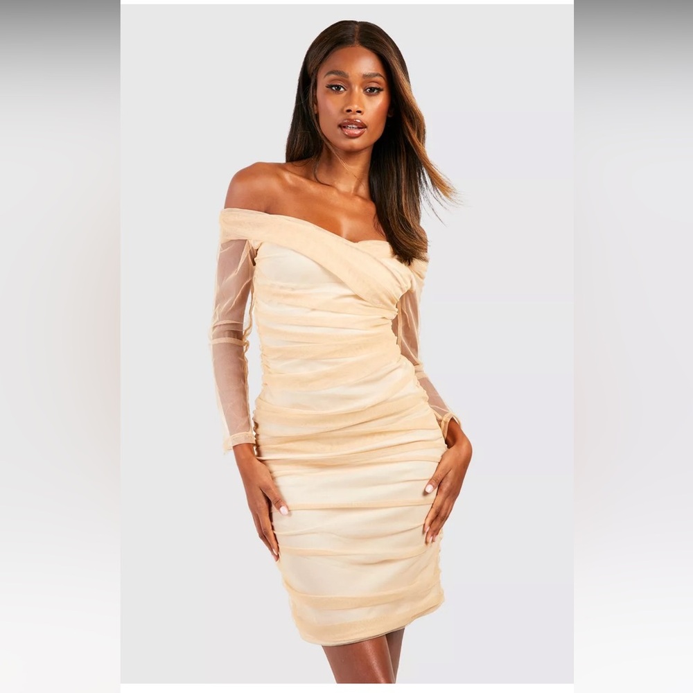 BOOHOO Translucent Mesh /Nude Off Shoulder Bodycon MIDI Dress Size 8(M) NWT